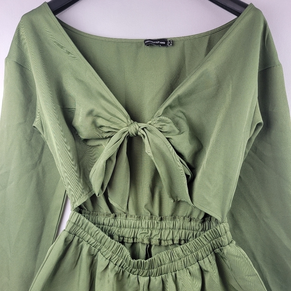 Pretty Little Thing olive drab tie front elastic waist cargo jogger jumpsuit - Picture 6 of 9
